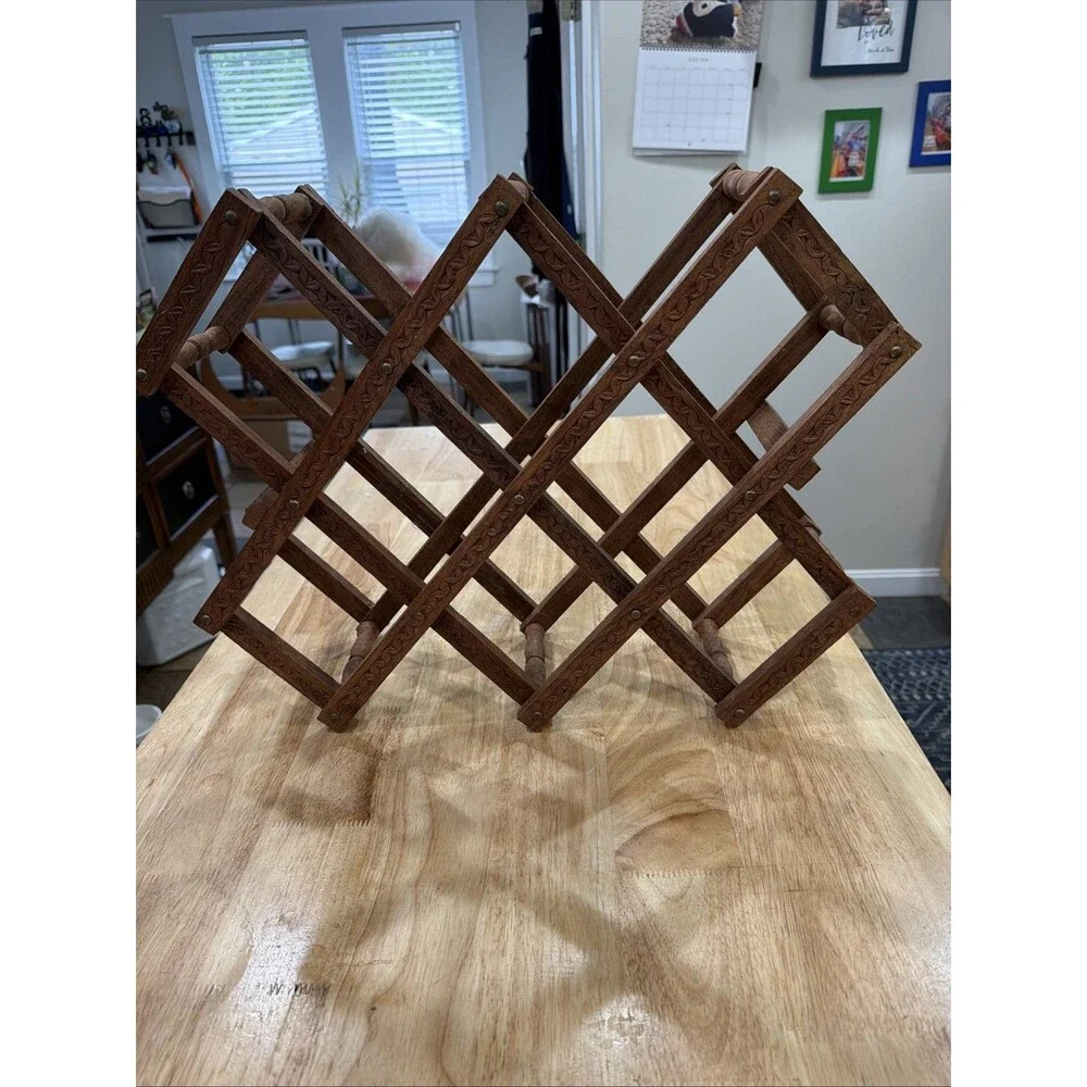 Vintage Wooden Wine Rack Expandable MCM Folding 8-10 Bottle Counter Top